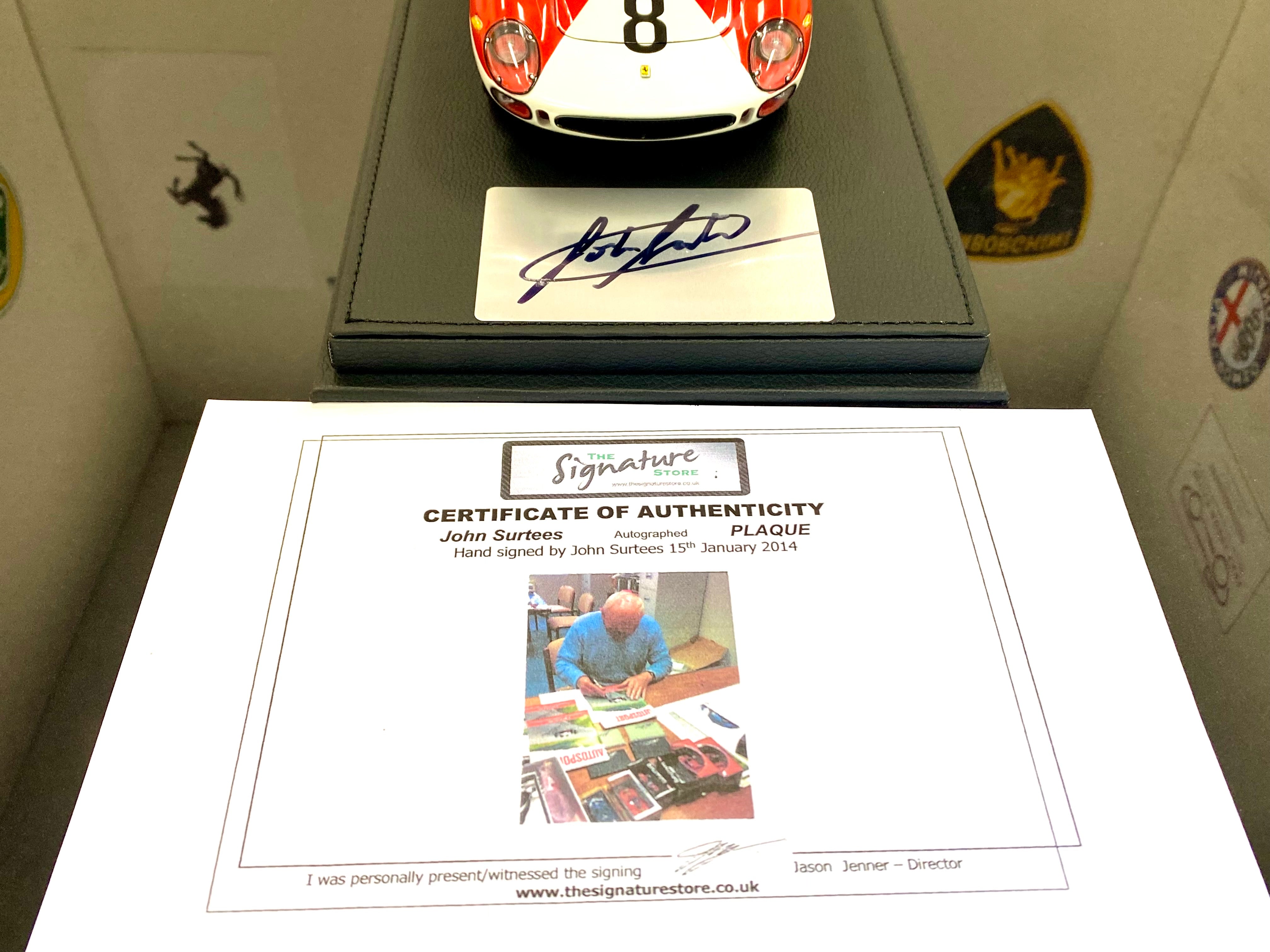 CMC 1:18 scale Ferrari 250 LM M262 #8 John Sutrees signed plaque and case