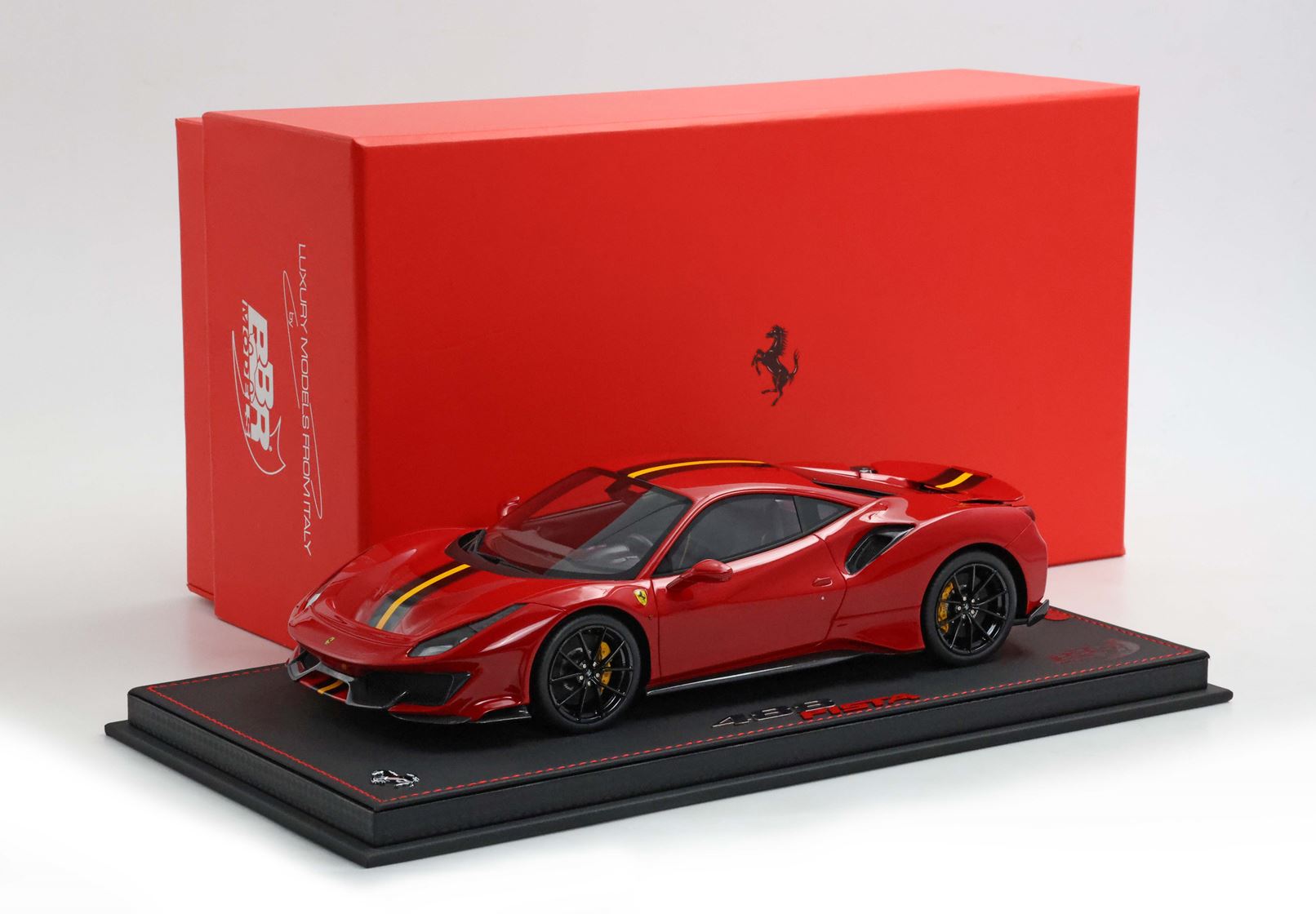 BBR Ferrari 488 Pista 1:18 scale Rosso Corsa Black/yellow stripe